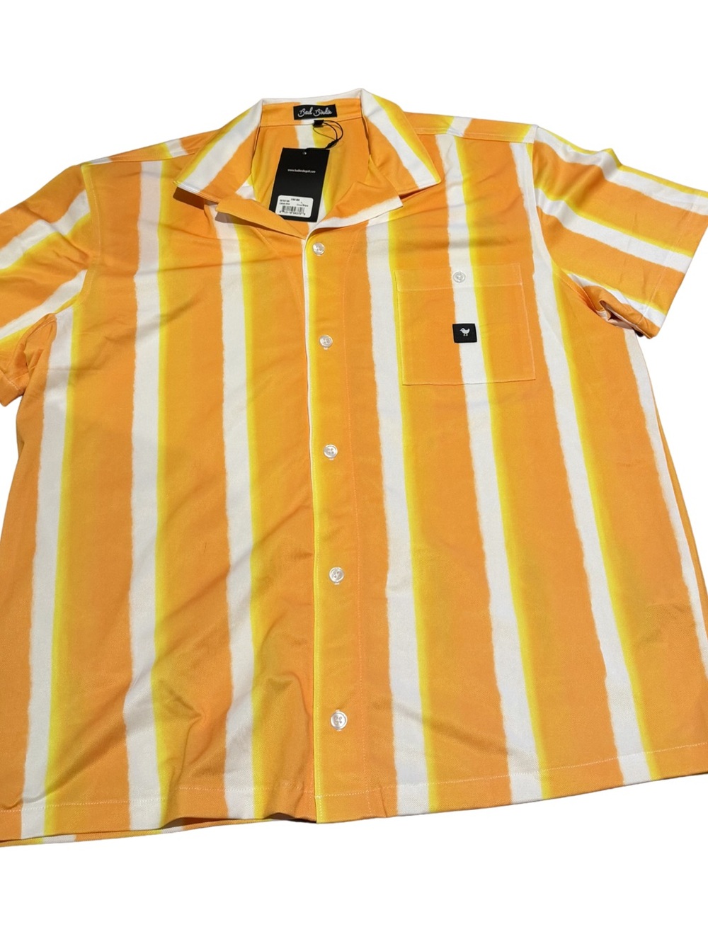 Bad Birdie Yellow and White Striped Short-Sleeve Button-Up Shirt